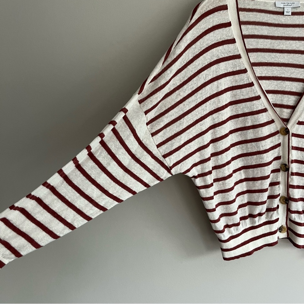 Ann Taylor Weekend Brown and White Striped Cardigan Large - Picture 5 of 7